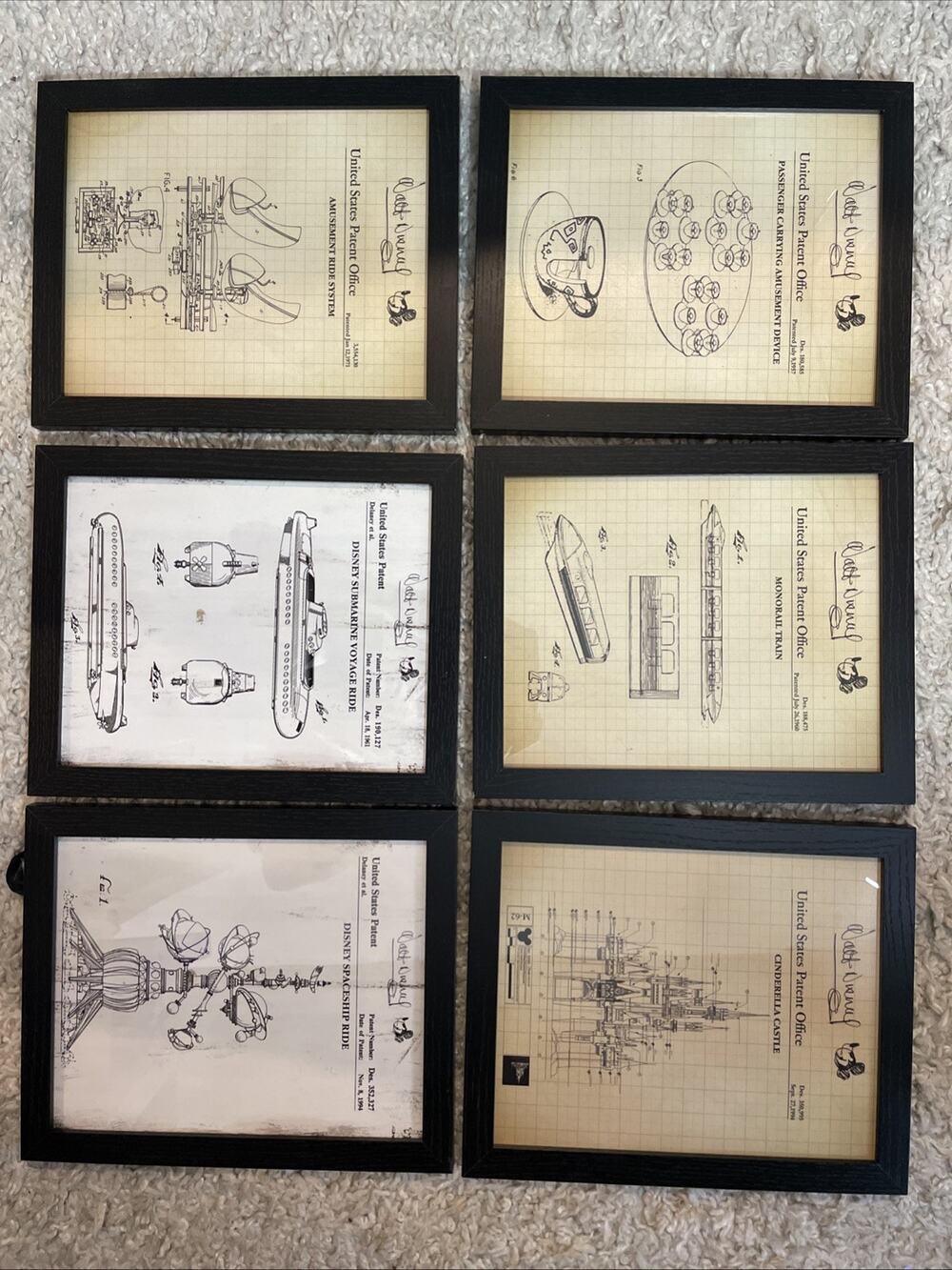 6 Disney Patent Prints Framed Wall Art Haunted Mansion Monorail Cinderella Castl